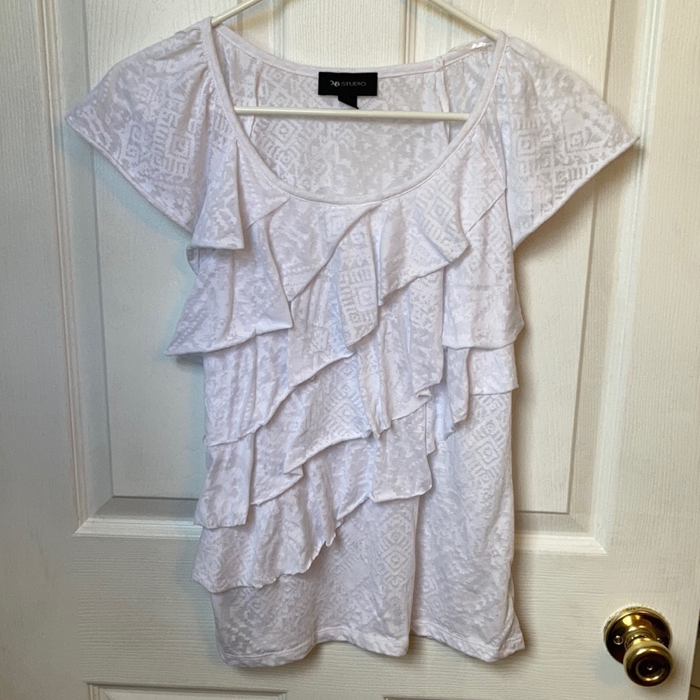 AB Studio Women’s Ruffled Sheer White top Size XS